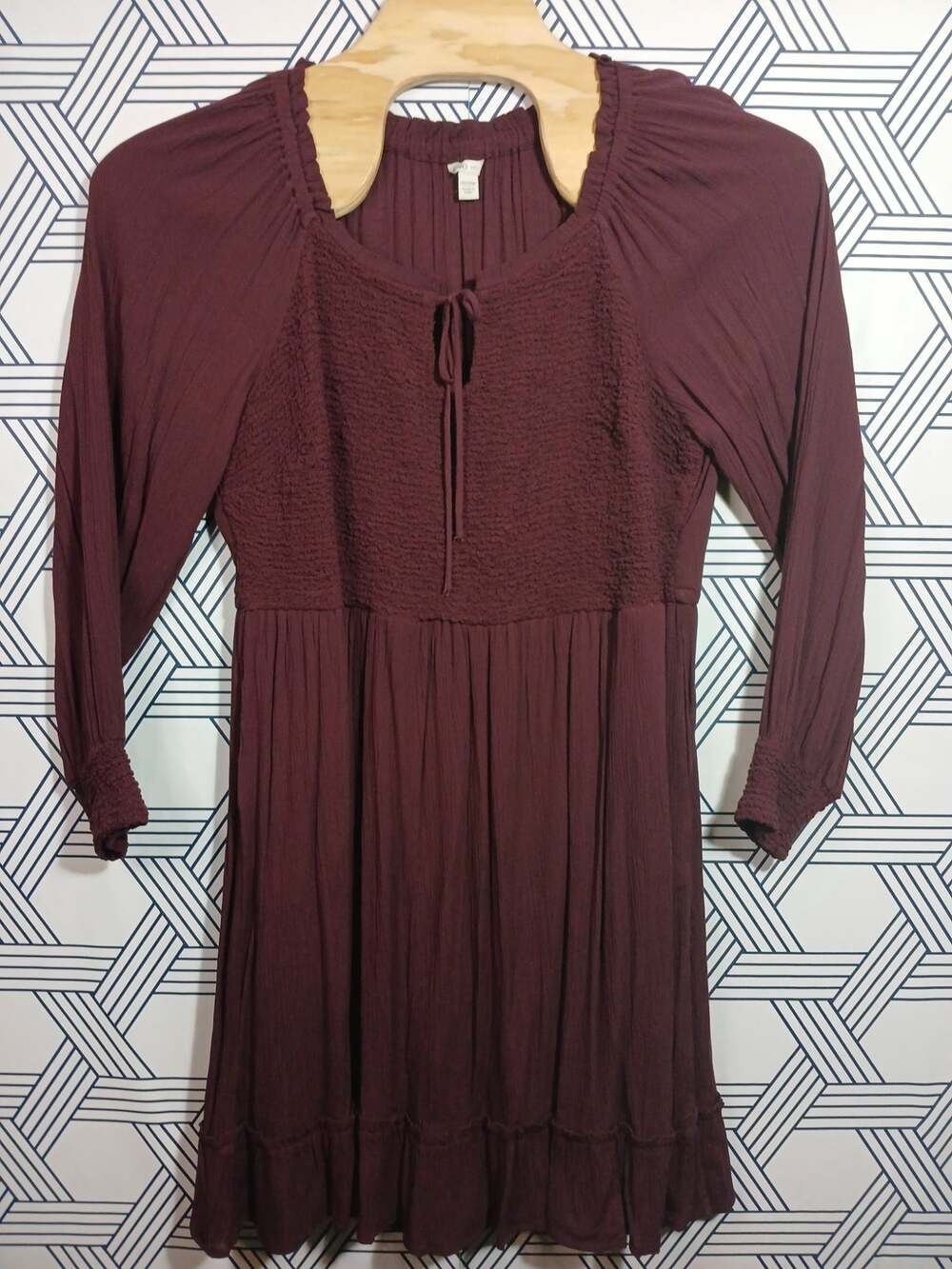 Cato Burgundy Smocked Dress – Long Sleeve, Tie Neck 18/20